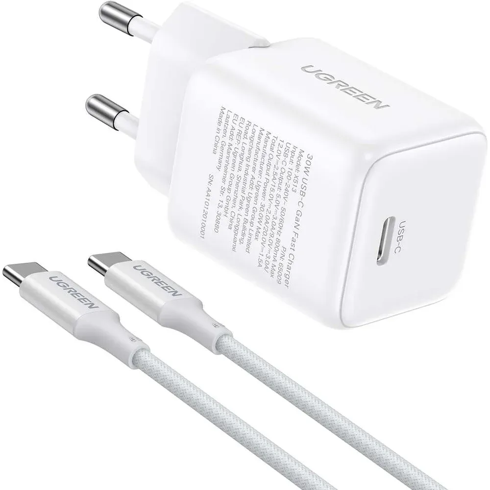 65013 Зарядное устройство UGREEN X513 GaN 30W 1xUSB-C. Кабель USB-C-USB-C 1м 60W. Цвет: белый