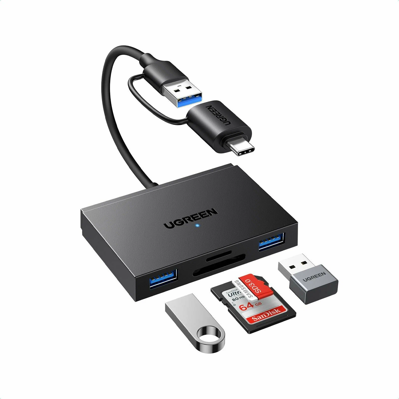 45167 Кардридер UGREEN CM812 USB-A 3.0/USB-C - SD/TF, 2xUSB-A 3.0. Цвет: черный