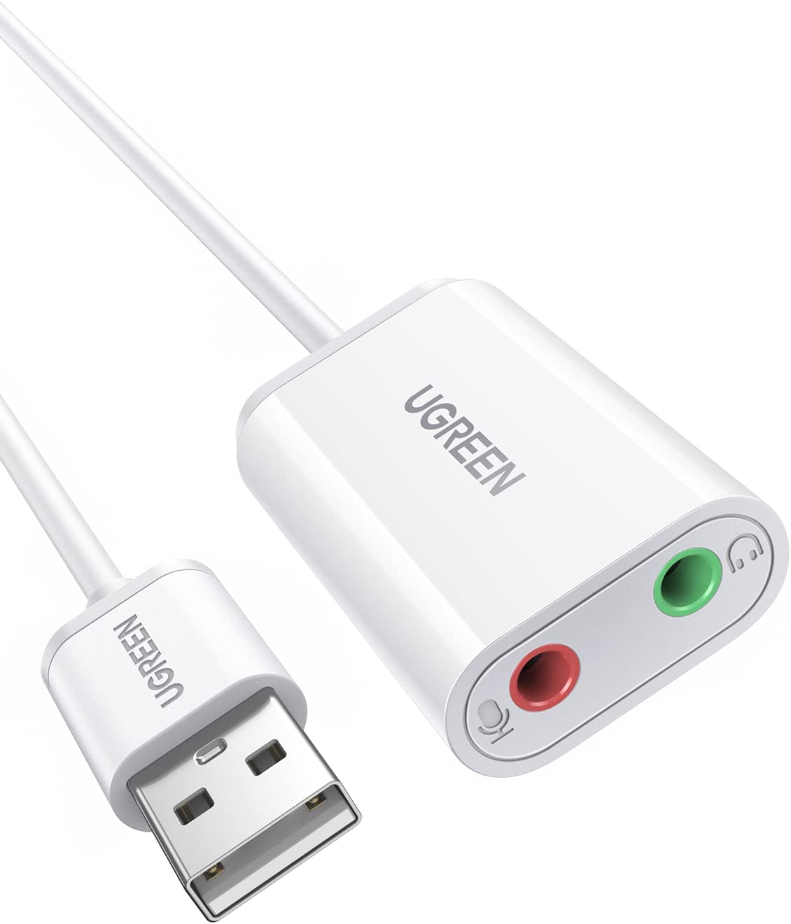 30143 Звуковая карта внешняя UGREEN US205, USB to 2 AUX 3.5mm (микрофонный вход + аудиовыход), с проводом 15cm, цвет: белый