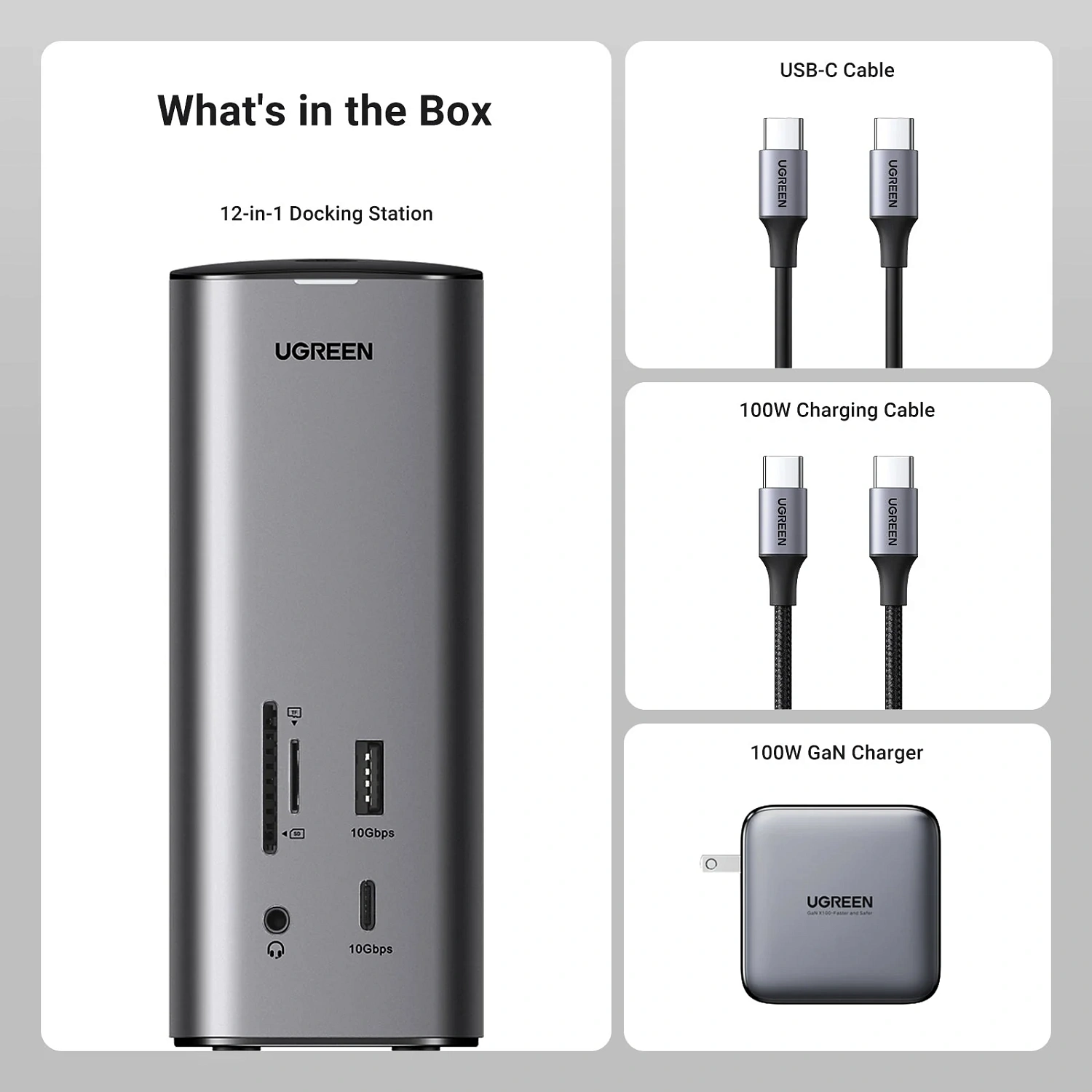 90325 Док-станция UGREEN CM555 Revodok Pro 12-in-1 USB-C - USB-A 3.2, 2xUSB-A 3.0, USB-C 3.1, HDMI v2.1 8K 30Hz, HDMI v2.0 4K 60Hz, 2xDP 4K 60Hz, LAN 1Gbit, SD/TF, 3.5mm Audio, PD 100W