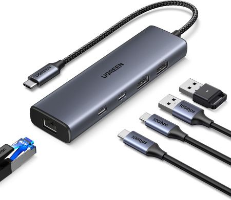 45320 Конвертер UGREEN CM512 USB 3.2 C to USB-A 3.2+USB-A 2.0+2* USB-C 3.2 Converter + Gigabit with USB-C Power Port. Цвет: серый