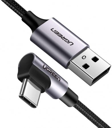 50941 Кабель UGREEN US284 USB 2.0 - USB Type-C, угловой, оплетка, цвет: черный, 1M