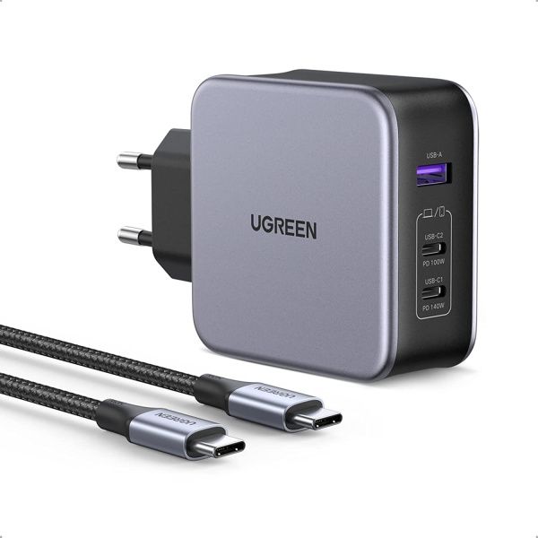90549 Зарядное устройство UGREEN CD289 GaN 140W 1xUSB-A, 2xUSB-C. Кабель USB-C-USB-C 1.5м 240W. Цвет: серый