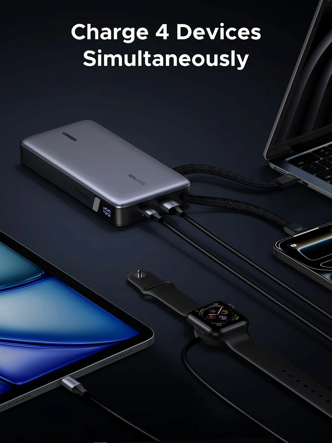 55995B Внешний аккумулятор UGREEN PB552 25000mAh Power Bank 165W со встроенным кабелем USB-C. Цвет: серый космос