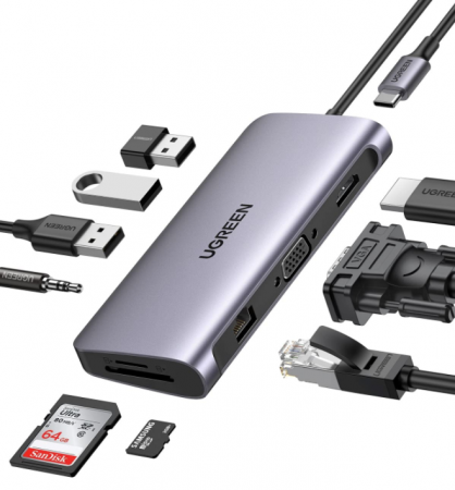 80133 Разветвитель портов Ugreen CM179 USB-C - 3*USB 3.0 A+HDMI+VGA+RJ45 Gigabit+SD/TF+AUX3.5mm+PD