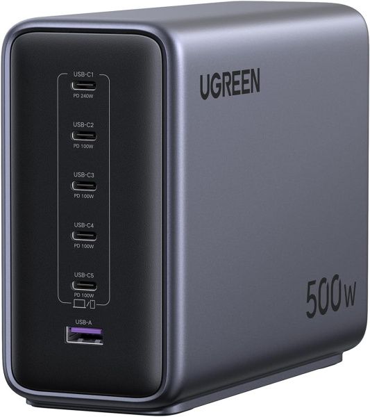 55550B Сетевое зарядное устройство UGREEN X759 500W 6-Port 1*USB-A&5*USB-C GaN Desktop Fast Charger EU: серый космос