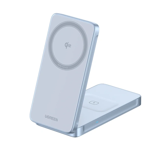 55963 Беспроводное зарядное устройство UGREEN W756 "MagFlow" 25W Magnetic Qi2.2 Wireless 2-in-1 Charger. Цвет: серебристо-голубой