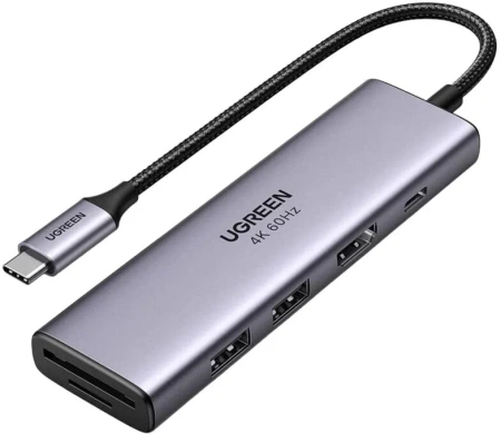 60384 Разветвитель портов Ugreen CM512 USB-C - 2xUSB 3.0 + HDMI 4K60Hz + SD/MicroSD + PD 100W. Цвет-