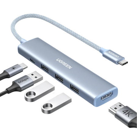 35581 Разветвитель портов Ugreen CM478 USB-C 3*USB 3.0 HDMI 4K@30Hz+PD Power Цвет: синий