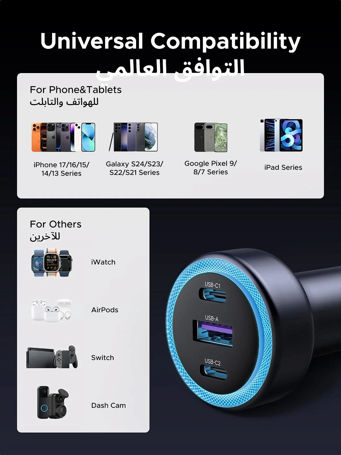 45843 Автомобильное зарядное устройство UGREEN EC307  30W 3-Port Fast Car Charger. Цвет: серый