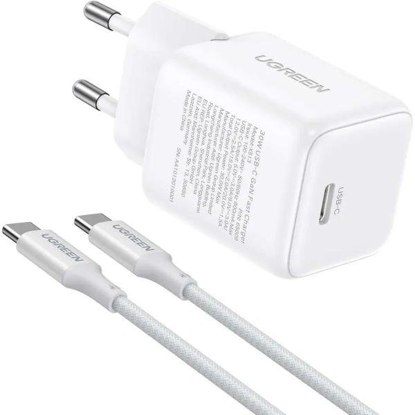 65013 Зарядное устройство UGREEN X513 GaN 30W 1xUSB-C. Кабель USB-C-USB-C 1м 60W. Цвет: белый