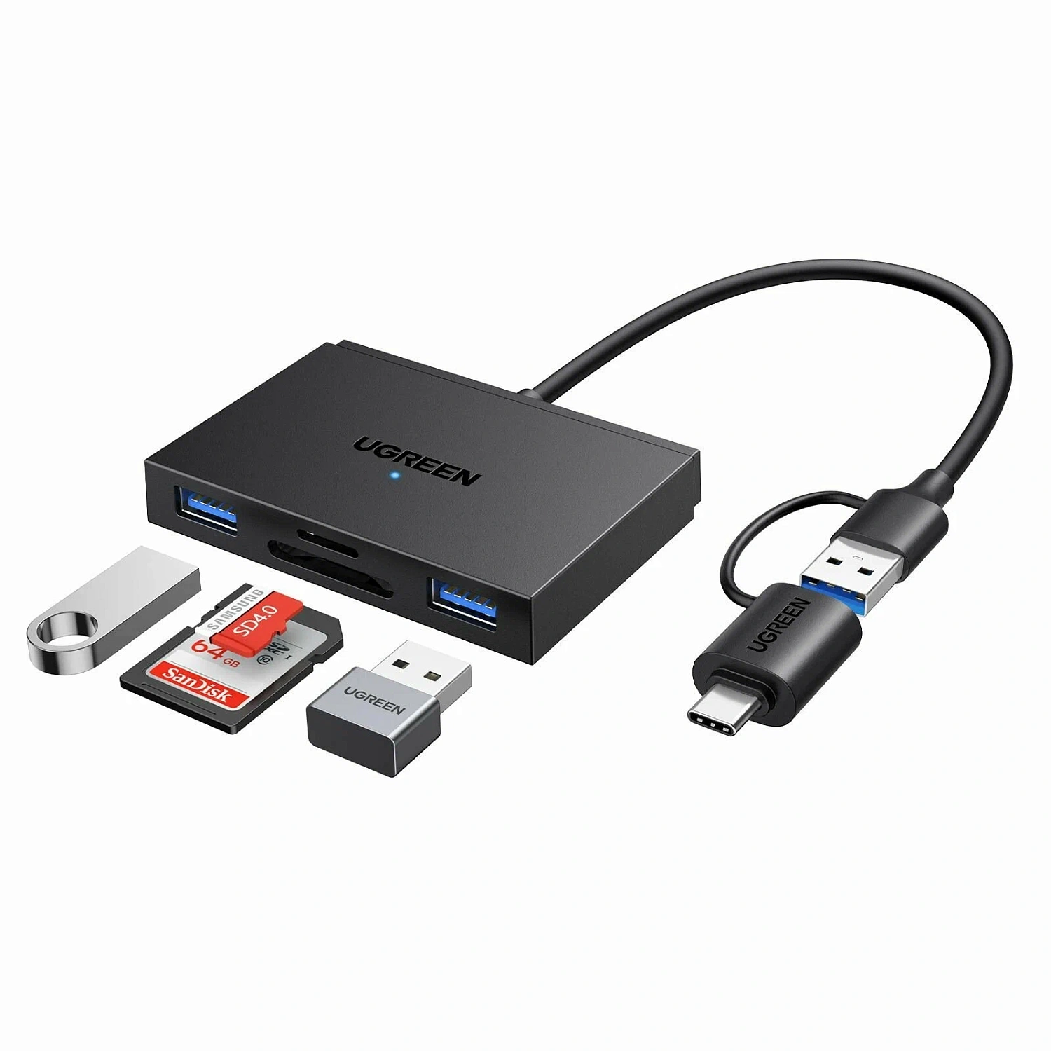 45167 Кардридер UGREEN CM812 USB-A 3.0/USB-C - SD/TF, 2xUSB-A 3.0. Цвет: черный