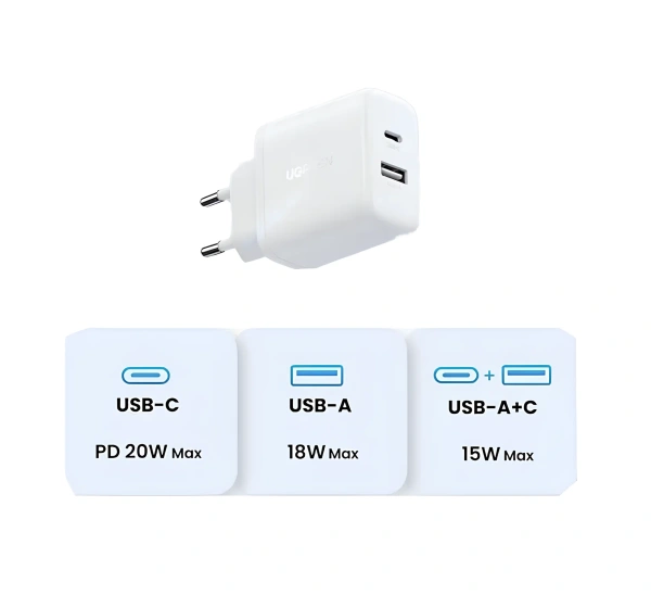 45310 Зарядное устройство UGREEN X227 20W 1xUSB-A, 1xUSB-C. Цвет: белый 45310 Зарядное устройство UGREEN X227 20W 1xUSB-A, 1xUSB-C. Цвет: белый