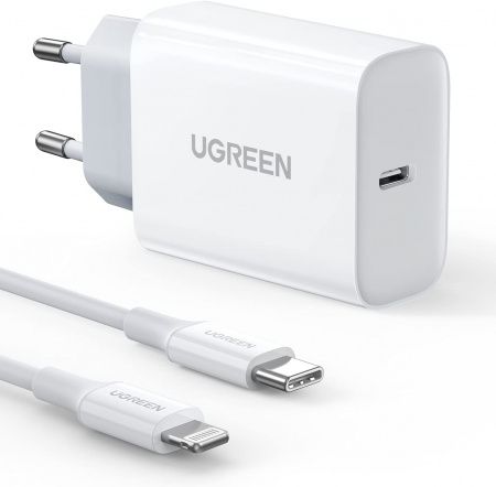 50698 UGREEN CD137 Зарядное устройство, 1порт USB-C, 20W + кабель Type-C - Lightning 1m, цвет: белый