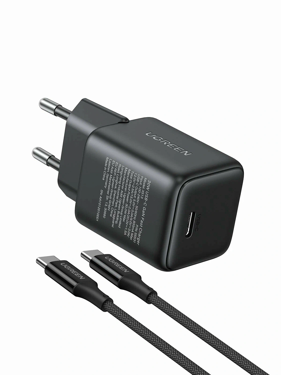 65012 Зарядное устройство UGREEN X513 GaN 30W 1xUSB-C. Кабель USB-C-USB-C 1м 60W. Цвет: черный 65012 Зарядное устройство UGREEN X513 GaN 30W 1xUSB-C. Кабель USB-C-USB-C 1м 60W. Цвет: черный