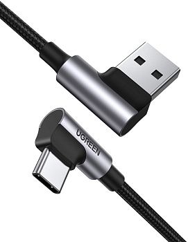 20857 Кабель UGREEN US176 USB 2.0 - USB Type-C, угловой, оплетка, цвет: черный, 2M
