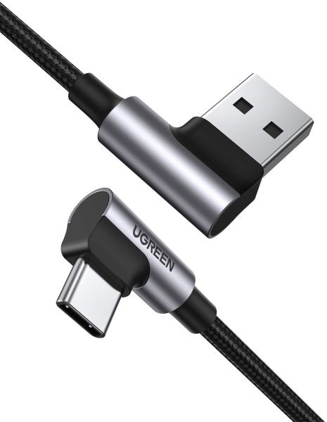 20857 Кабель UGREEN US176 USB 2.0 - USB Type-C, угловой, оплетка, цвет: черный, 2M