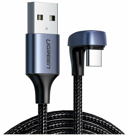 70313 Кабель UGREEN US311, USB-A 2.0 to Type C (загнутый коннектор 180°), 3A, в оплётке, 1m, Black