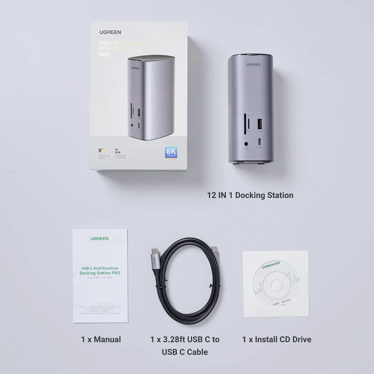 90325 Док-станция UGREEN CM555 Revodok Pro 12-in-1 USB-C - USB-A 3.2, 2xUSB-A 3.0, USB-C 3.1, HDMI v2.1 8K 30Hz, HDMI v2.0 4K 60Hz, 2xDP 4K 60Hz, LAN 1Gbit, SD/TF, 3.5mm Audio, PD 100W