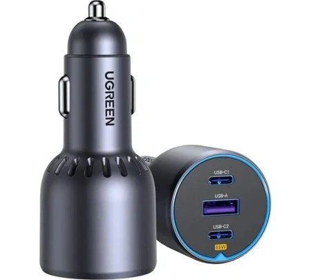 35024 UGREEN EC703 75W 2*USB-C PD 3.0 y USB-A sin cable Cargador rápido para automóvil. Color: gris