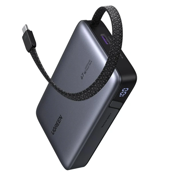 85166B Внешний аккумулятор UGREEN PB550 67W Power Bank 20000mAh USB-C&USB-A со встроенным кабелем (ССС). Цвет: серый космос
