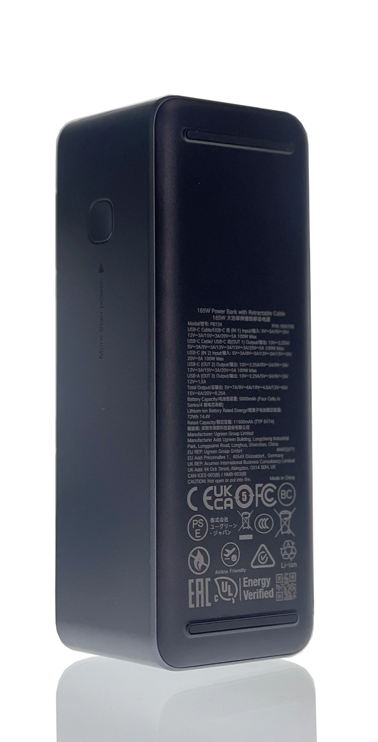 95670B Внешний аккумулятор UGREEN PB726 165W Power Bank 20000mAh USB-C&USB-A с выдвижным кабелем (ССС). Цвет: серый космос