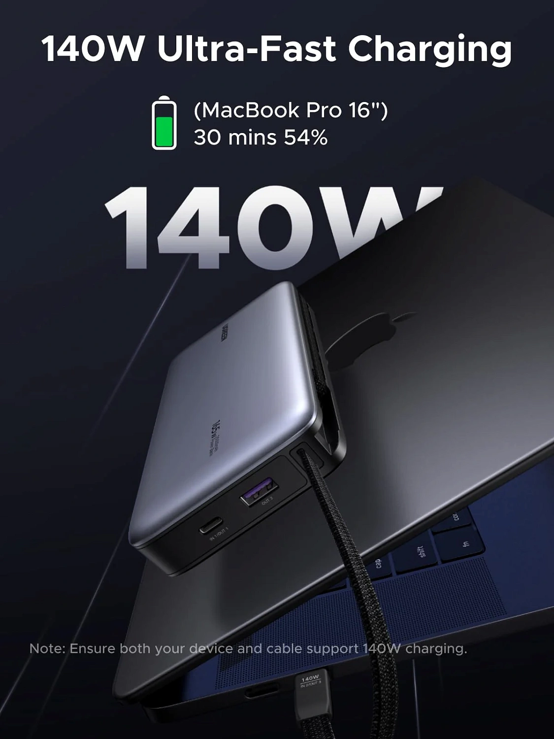 55995B Внешний аккумулятор UGREEN PB552 25000mAh Power Bank 165W со встроенным кабелем USB-C. Цвет: серый космос