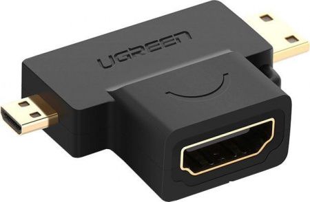 20144 Переходник UGREEN HD129 Micro HDMI+ Mini HDMI (female) to HDMI (female). Цвет - черный.