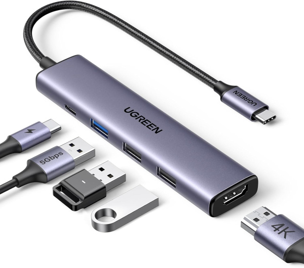 15495 Док-станция UGREEN CM478 USB-C - 2xUSB-A 2.0, USB-A 3.0, HDMI v1.4 4К 30Hz, PD 100W