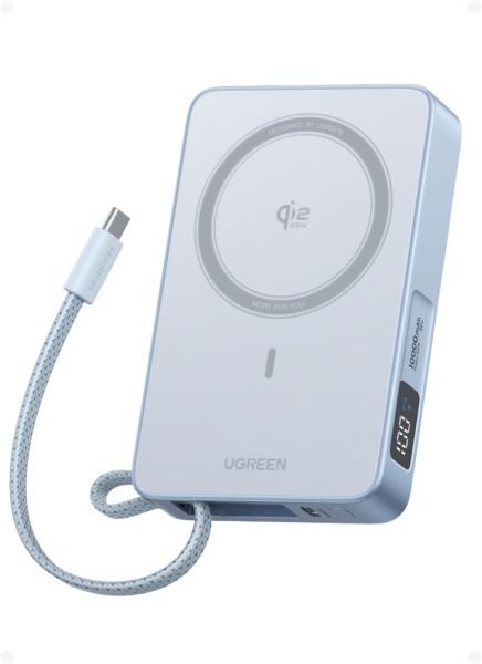 65958B Внешний аккумулятор UGREEN PB773 "MagFlow" 25W Magnetic Wireless 10000mAh Charging Qi2.2 Portable Power Bank со встроенным кабелем USB-C. Цвет: серебристо-голубой