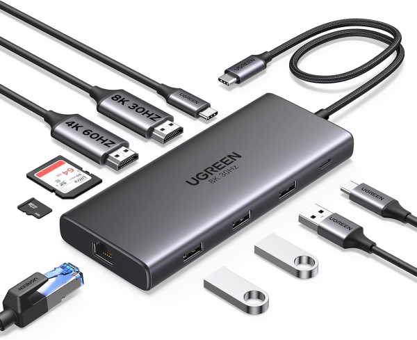 15534 Конвертер UGREEN CM639 Revodok Pro 10-in-1 8K@30Hz USB-C to 1*USB3.0&2*USB2.0&USB-C3.0&2*HDMI&RJ45 Gigabit&SD&TF&PD. Цвет: серый