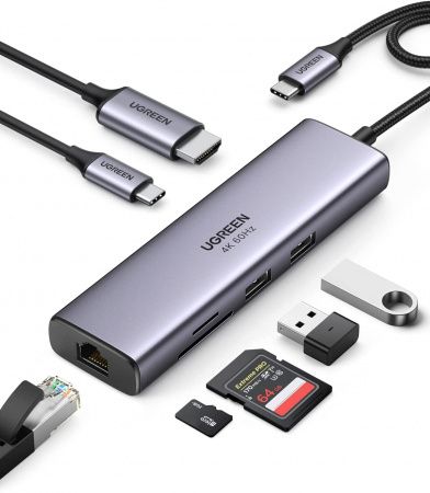 60515 Разветвитель портов Ugreen CM512 USB-C - 2xUSB 3.0 + HDMI 4K60Hz + RJ45 + SD/MicroSD + PD 100W. Цвет- серый
