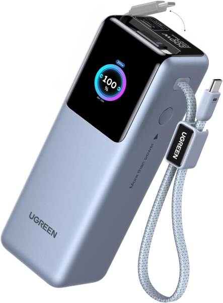 75702B Портативный аккумулятор UGREEN PB728 200W Power Bank 25000mAh с двумя встроенными кабелями 