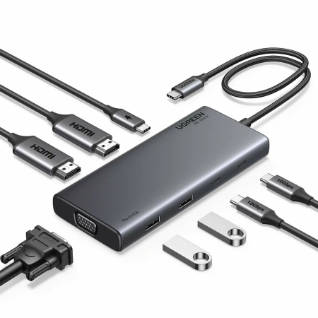 35588 Разветвитель портов UGREEN CM639 Revodok 8-in-1 4K@60Hz 2*HDMI & VGA & 2*USB-C & 2*USB-A & PD Цвет: серый