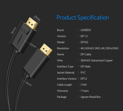 10211 Кабель Ugreen DP102 DisplayPort-DisplayPort, 2m, Цвет-черный.