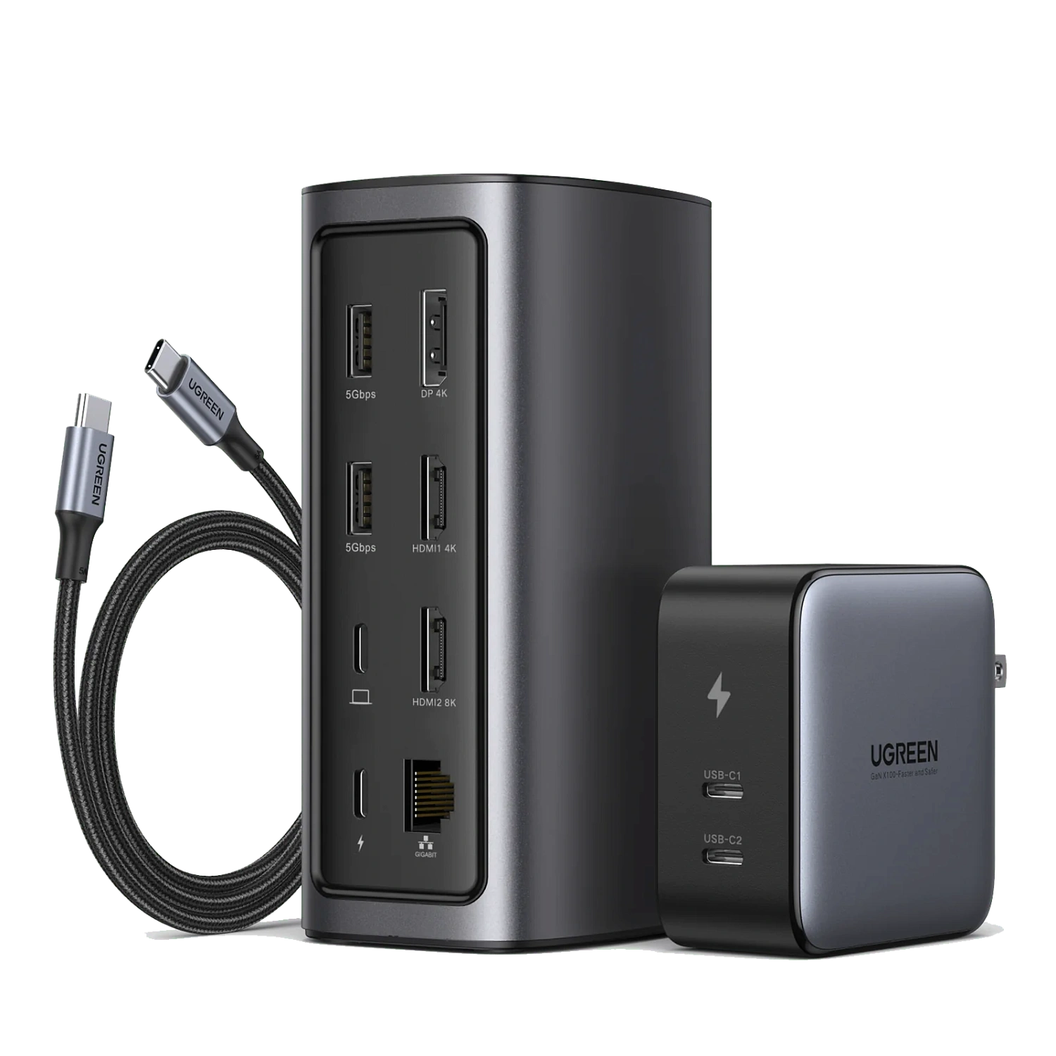 90325 Док-станция UGREEN CM555 Revodok Pro 12-in-1 USB-C - USB-A 3.2, 2xUSB-A 3.0, USB-C 3.1, HDMI v2.1 8K 30Hz, HDMI v2.0 4K 60Hz, 2xDP 4K 60Hz, LAN 1Gbit, SD/TF, 3.5mm Audio, PD 100W