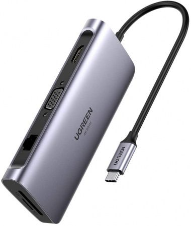 70490 Конвертор сигнала Ugreen CM179 (Type-C to 3xUSB3.0+HDMI(2K4K@60Hz)+VGA+RJ45(Gigabit)+ SD/TF+USB-C(PD100W)