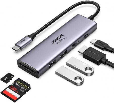 60384 Разветвитель портов Ugreen CM512 USB-C - 2xUSB 3.0 + HDMI 4K60Hz + SD/MicroSD + PD 100W. Цвет- серый