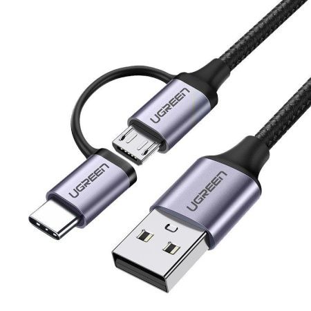30875 Кабель UGREEN US177 USB 2.0 - Mirco-USB+Type-C, цвет: черный, 1M