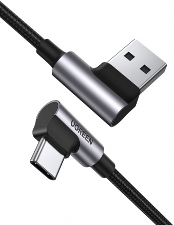20856 Кабель UGREEN US176 USB 2.0 - USB Type-C, угловой, оплетка, цвет: черный, 1M